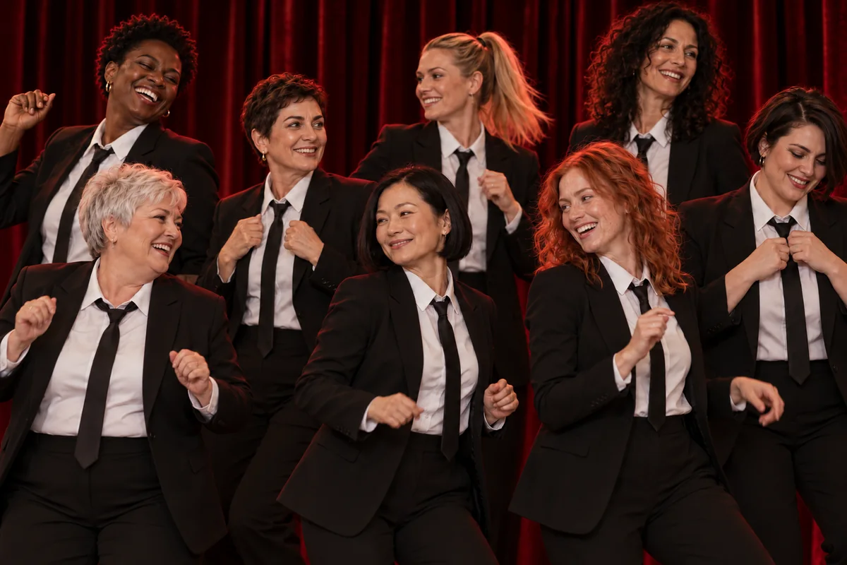 KI-Symbolbild: Frauen unterschiedlicher Altersgruppen beim gemeinsamen Tanztraining vor rotem Vorhang
